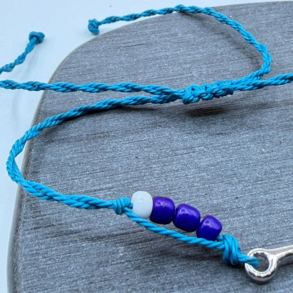 Silver Tone Ocean Wave Charm Blue Cord Purple Bead Adjustable Surfer Bracelet
